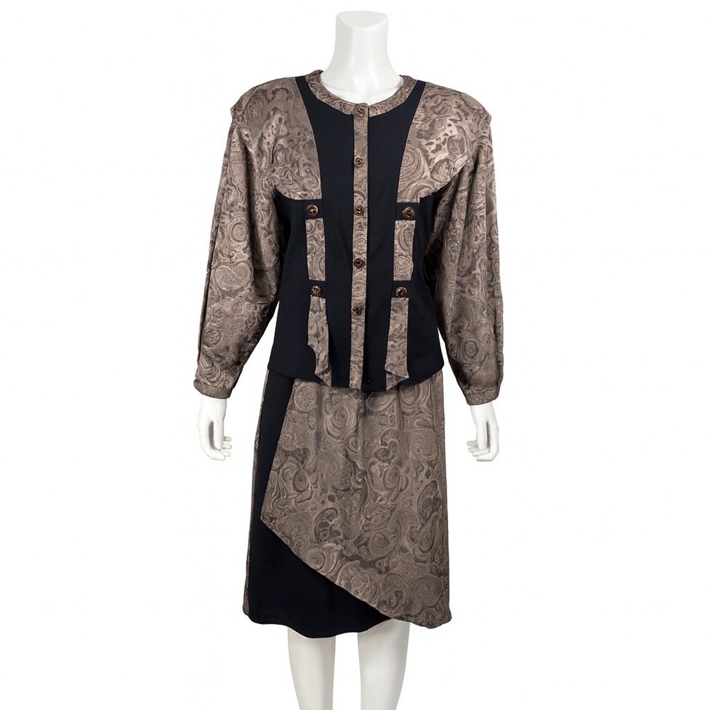 Cache Paris Womens 2 Piece‎ Skirt Suit 4 Black Tan Baroque Jacquard Vintage 80s